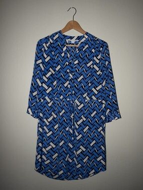 Diane von Furstenberg Silk Printed Dress Blue Black Chevron Tie Waist Size 6
